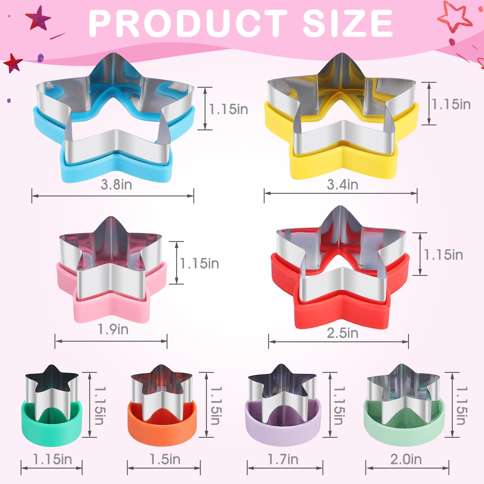 Juego de 8 cortadores de galletas de estrella con asas ergonómicas de plástico y caja de almacenamiento, herramienta de acero inoxidable resistente para galletas, galletas y recuerdos de fiesta, apto