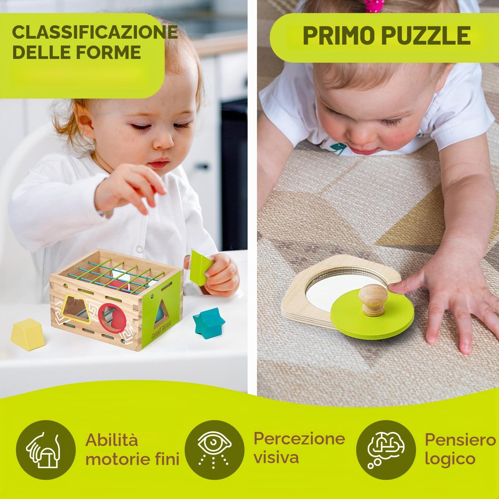 Giant bean Montessori giocattolo a partire dai 6 ai 12 mesi, giocattolo Montessori, torre impilabile, giocattolo sensoriale, puzzle a specchio, scatola permanente per oggetti, regalo per bambini dai 6