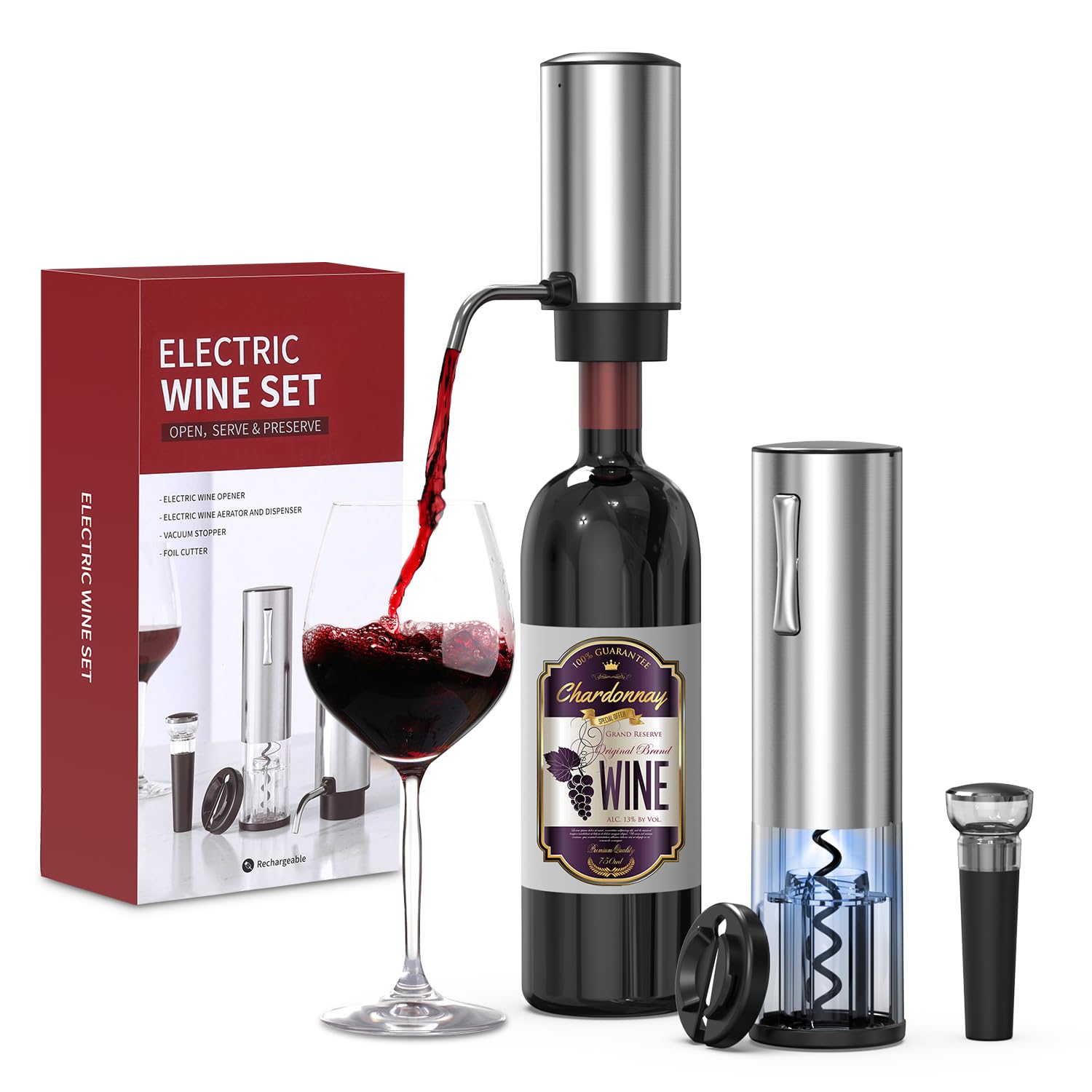 Juego de abridor de vino eléctrico, abridor eléctrico de botellas de vino 4 en 1, abridor de sacacorchos recargable con aireador, cortador de lámina, tapón al vacío, regalo ideal para amantes