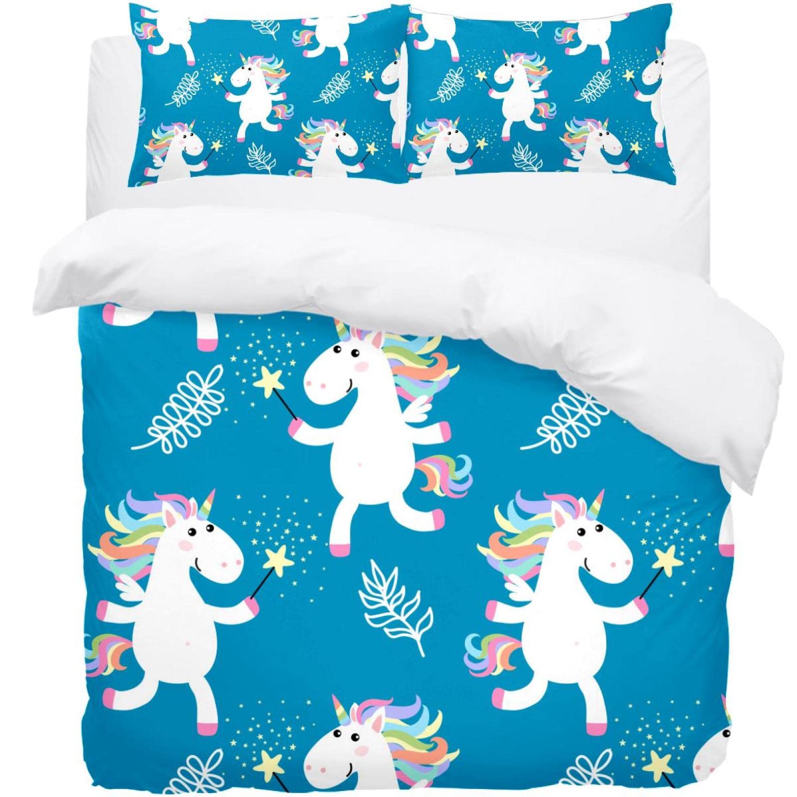 Parure de lit enfant licorne bleu housse de couette 2 personnes étoiles