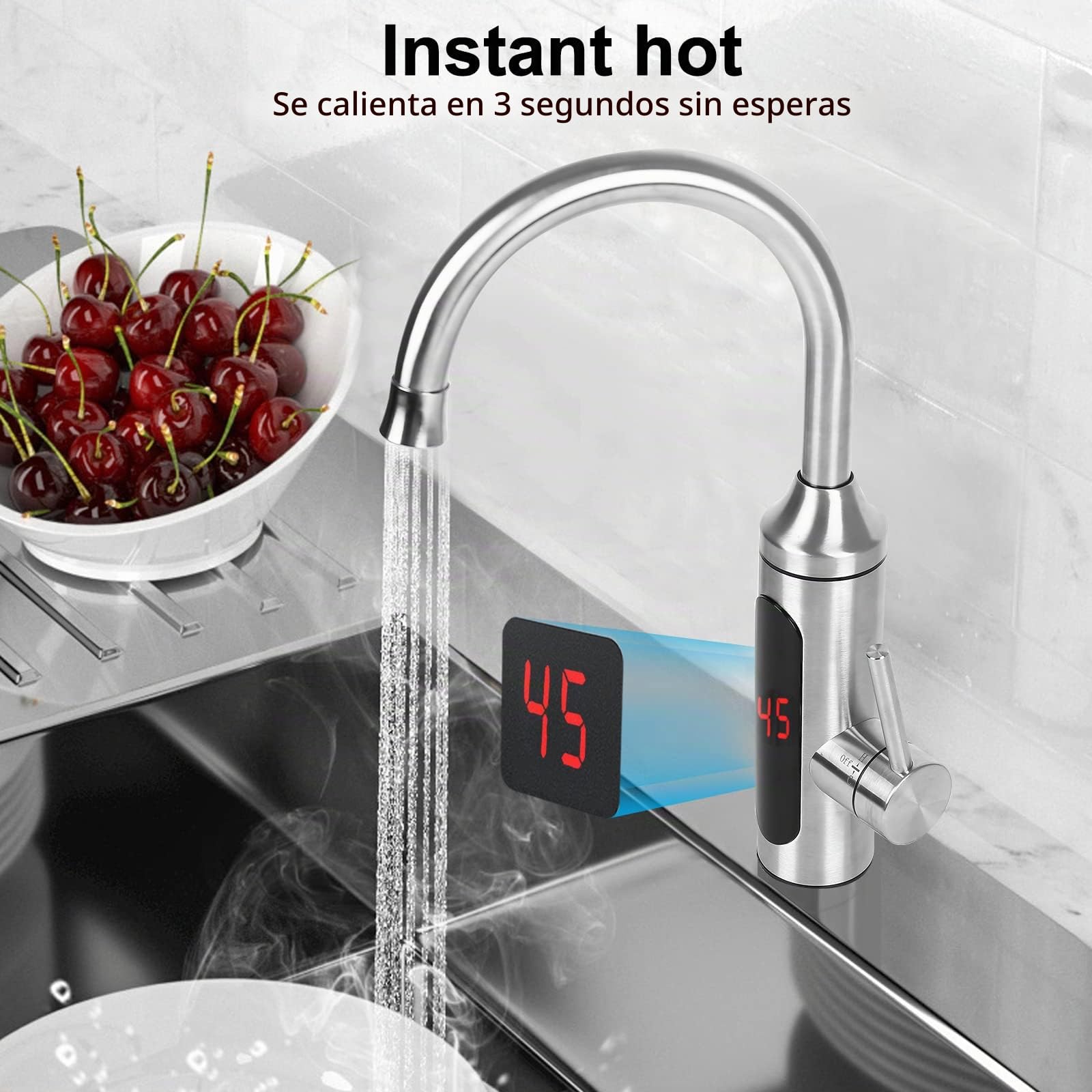 Grifo eléctrico con calentador de agua instantáneo (230 V, pantalla LCD, rotación de 360°, con calentador de agua instantáneo para cocina)