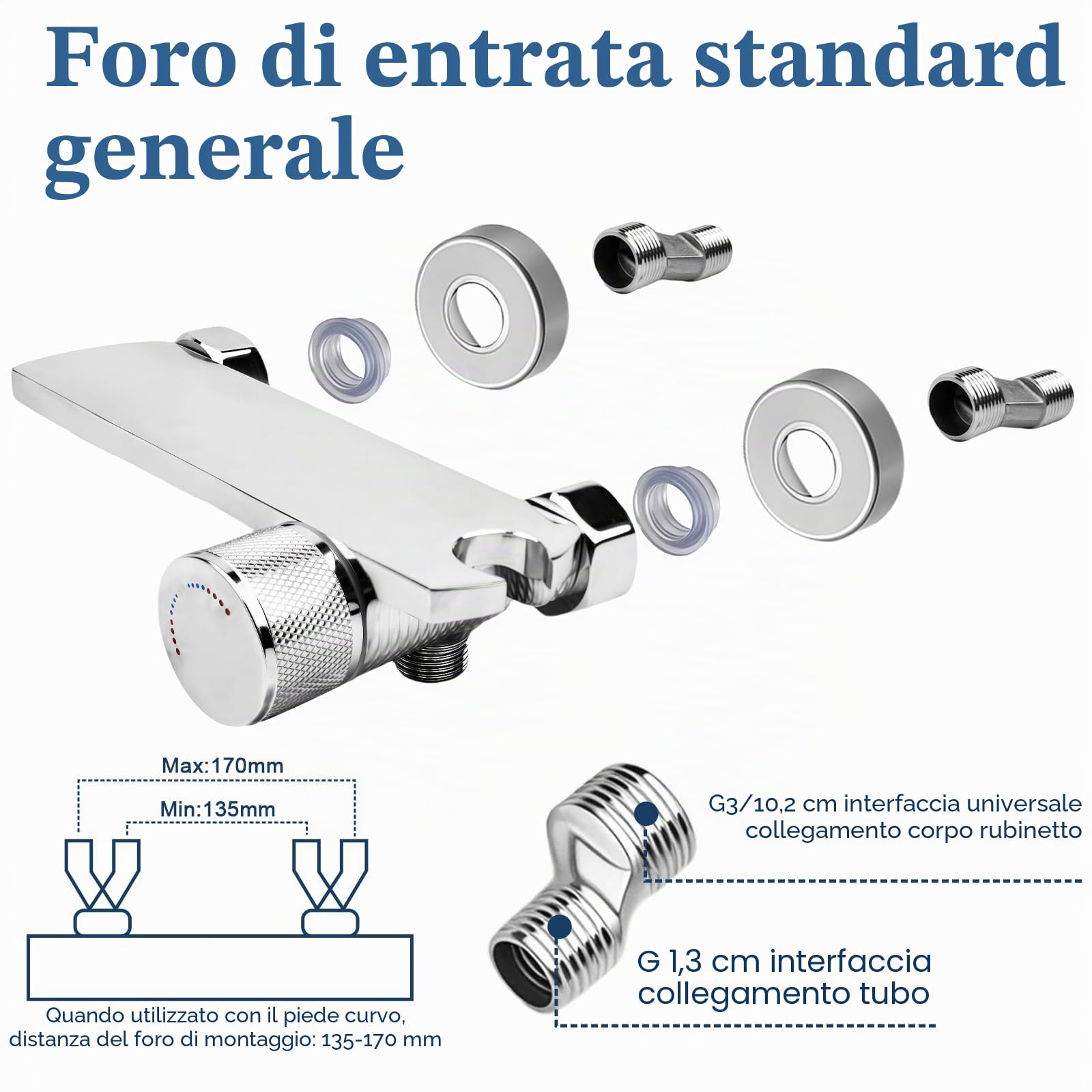 Rubinetto Vasca da Bagno a Parete, Miscelatore Cascata con Doccetta, Tubo 1,5m Antigroviglio, Ottone Massello, Cromato Argento
