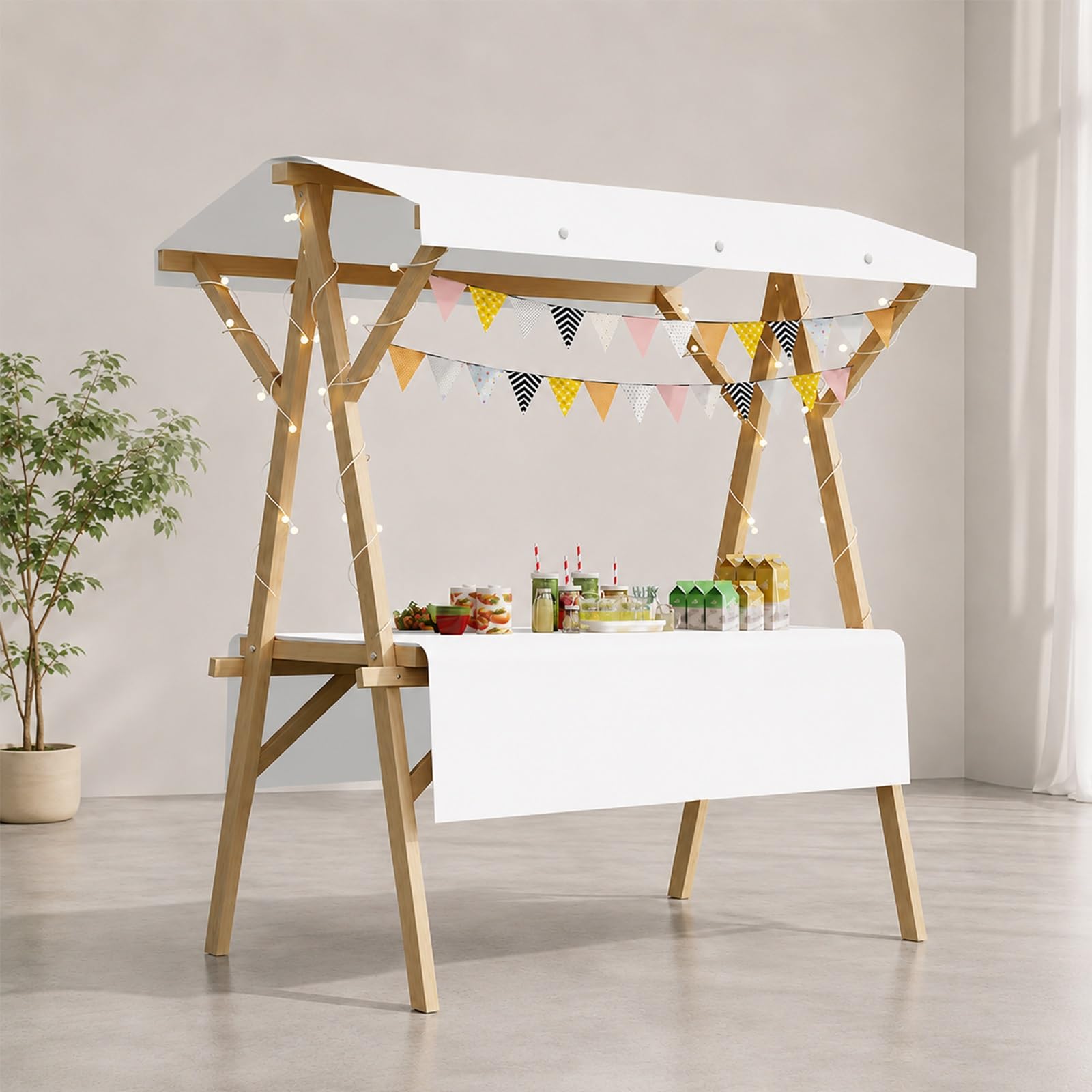 WNGJZZYC Foldable Vendor Cart with Canopy, Food Carts for Sale, Wooden Market Stall Display Stand for Farmers Markets, Street Vendors, Craft Fairs and Pop-Up Shops(White,L 150cm/59.1in)