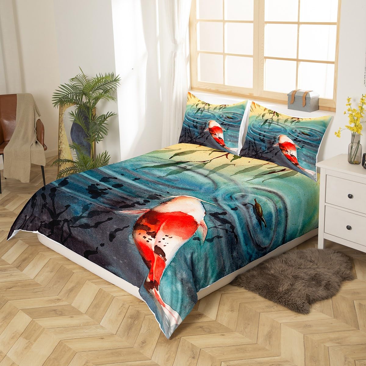 Homemissing Kids Koi Bedding Set Fish Duvet Cover for Boys Girls Teens Bedroom Decor Ocean Theme Comforter Cover Set White Red Carp Ripples Bedspread Cover With 2 Pillow Case Double - Image 2