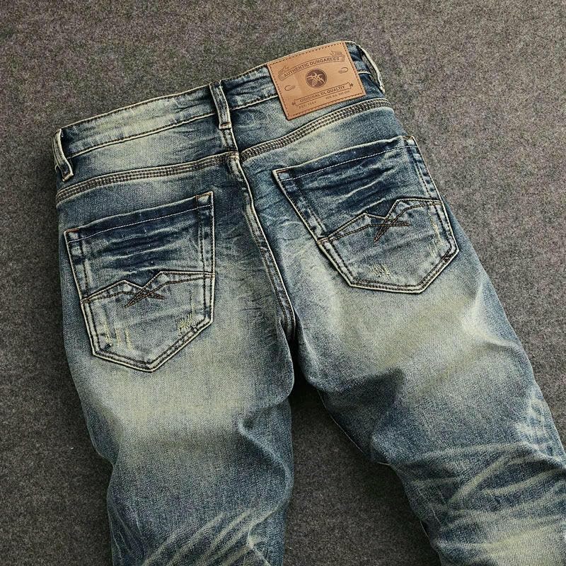 Mens Street Jeans Retro Washed Blue Stretch Slim Fit Ripped Jeans Men Pocket Designer Vintage Casual Denim Pants4