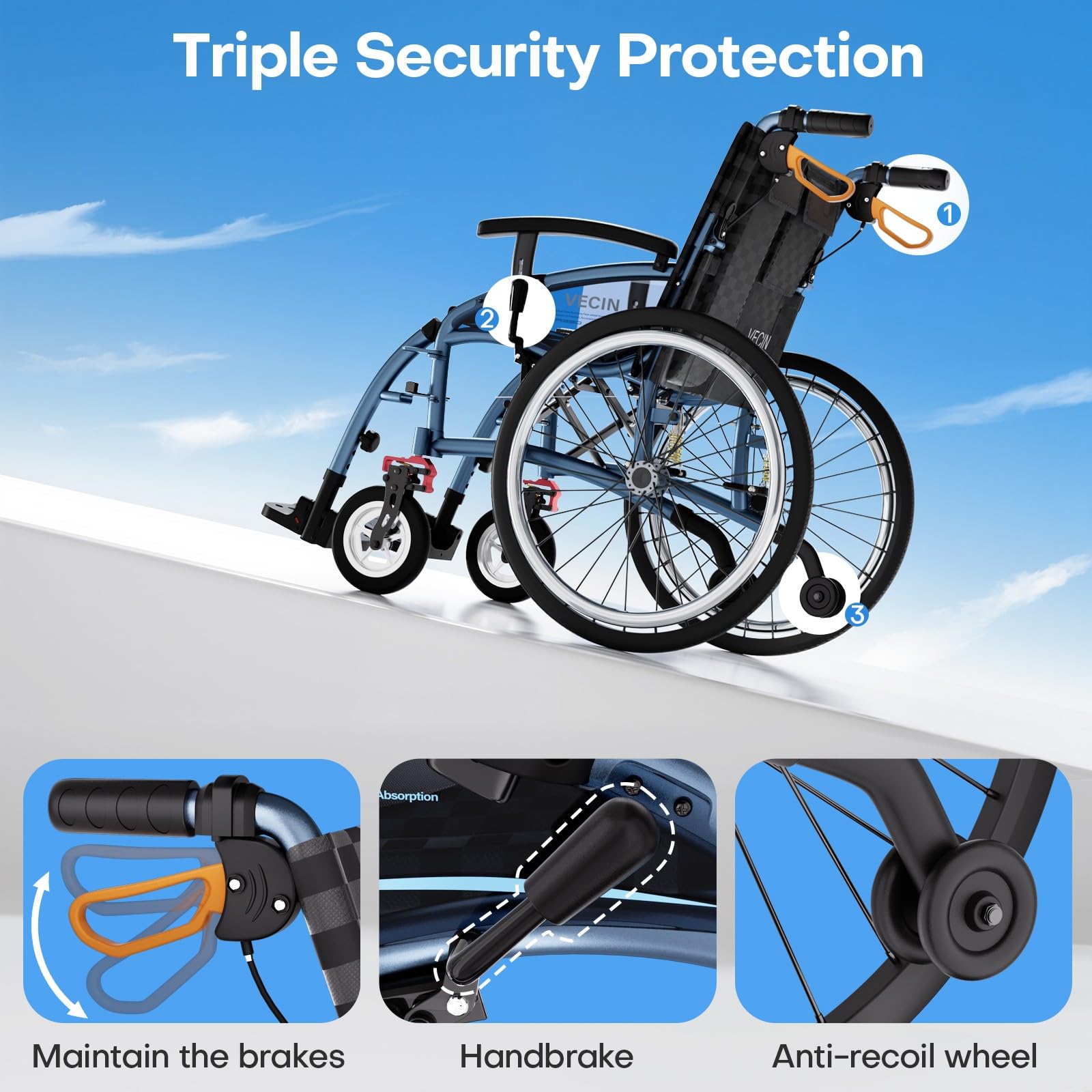 Sedia a Rotelle Pieghevole Leggera ad Autospinta, Sedia a Rotelle Autospinta con Ammortizzazione Regolabile, Capacità di Carico 200 kg, per Disabili ed Anziani