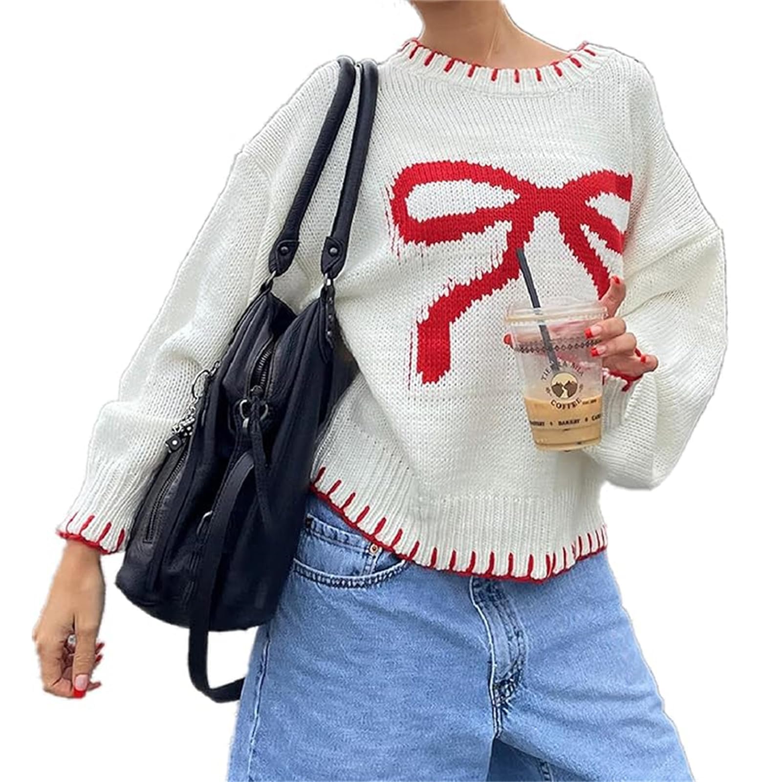 Womens Bow Cardigan Sweater Knit Y2K Cute Oversized Heart Ribbon Sweater with Bow Long Sleeve Pullover Top Knitwear