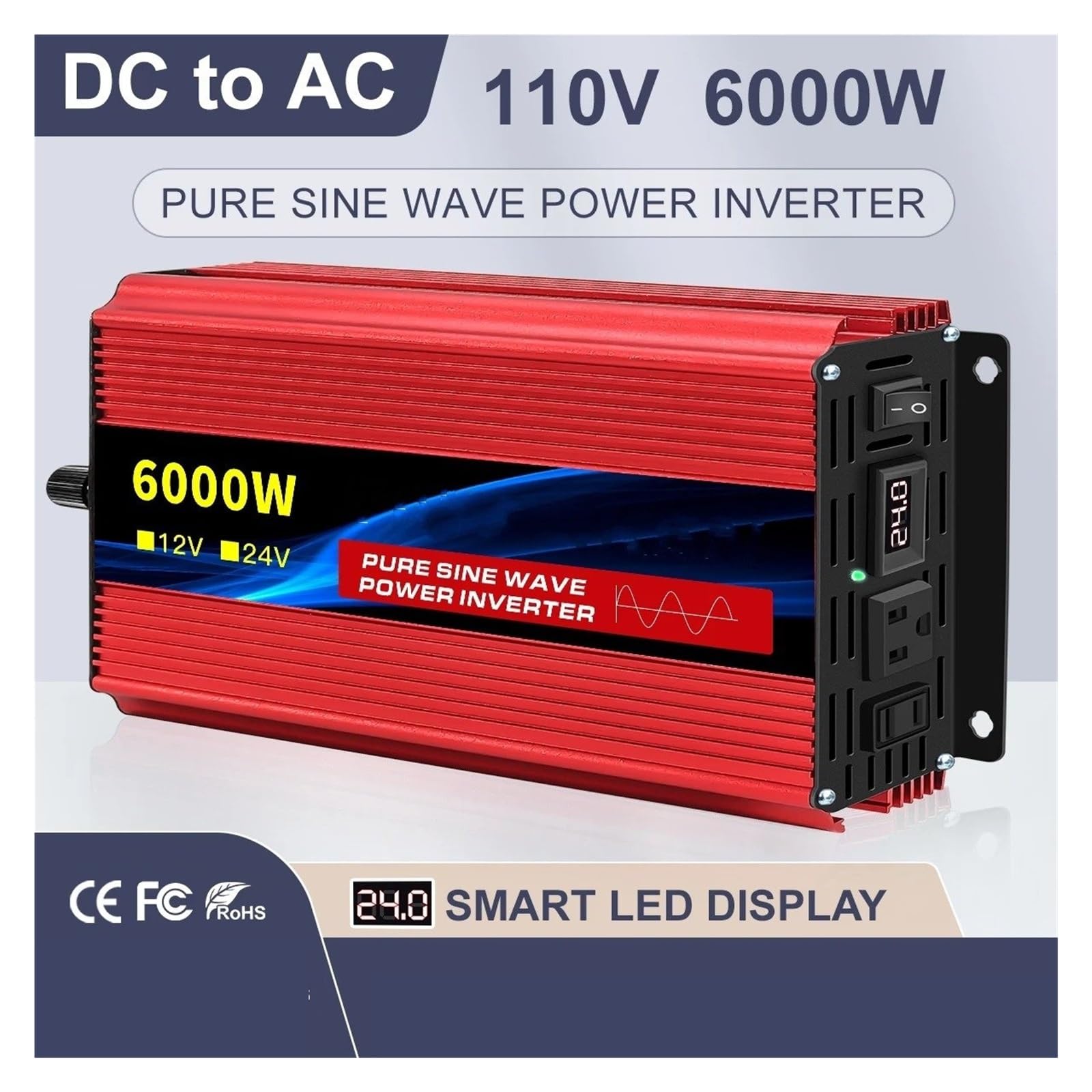 Inversor Onda Sinusoidal Pura 12 V/24 V A CA 110 V 60 Hz Convertidor Portátil Voltaje 6000 W para Coche con Transferencia LED Convertidor(12V 60HZ,3500W)