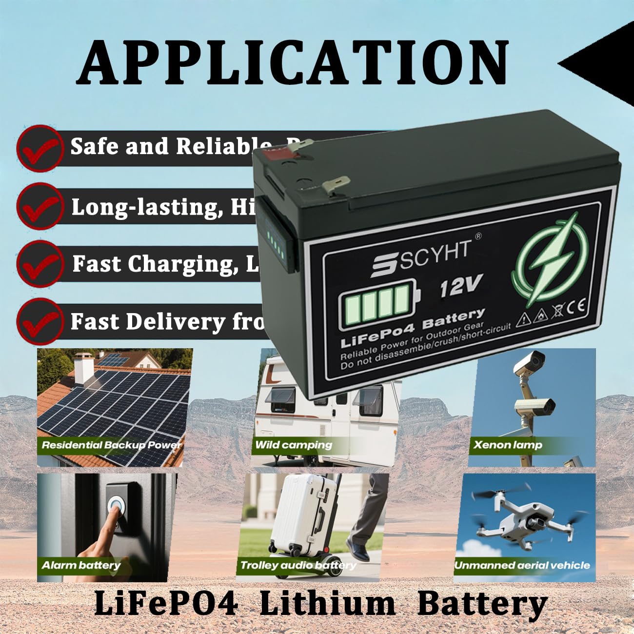 Akumulator LiFePO4 12V 10Ah 8Ah 6Ah Akumulator litowy 12Ah Akumulatory wielokrotnego ładowania do zasilania awaryjnego do silnikowego 50W - 150W z systemem BMS,12v8ah 64mm