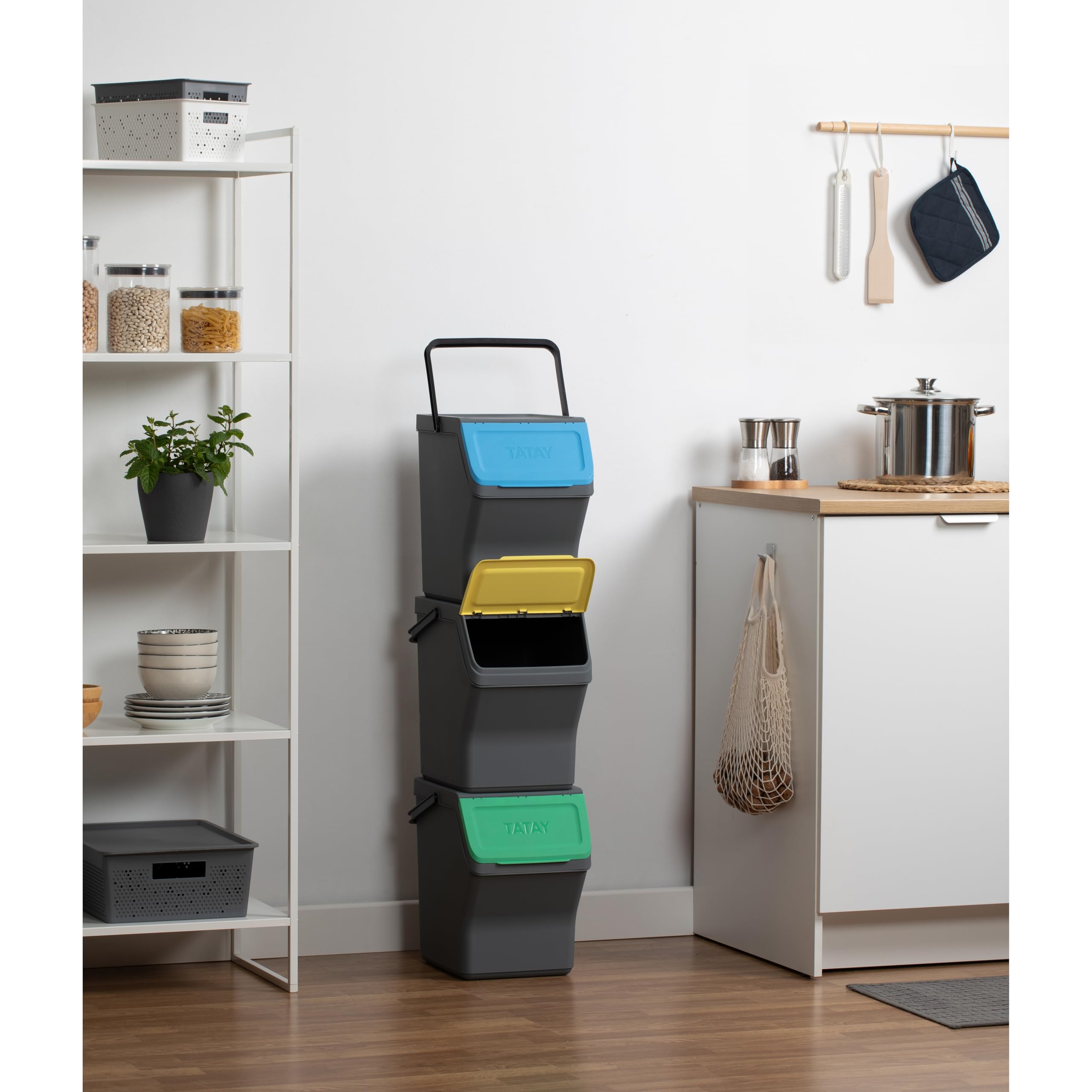TATAY Mülltrennsystem Easy Waste 3-teiliges Set 3er Set Recycling Behälter | Mülltrennsystem Haushalt | Volumen 20 L | 35x27x36 cm | Modulares Design | Deckel mit Klicksystem | Recyceltem Material, Grau