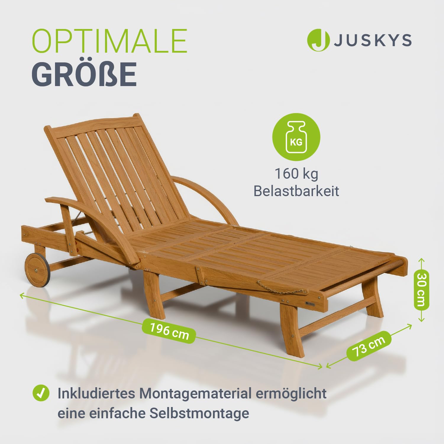 Juskys® Sonnenliege SunScape - Natur, Akazie mit verstellbarem Tisch & Beinablage, Stabil & Langlebig, 196x73x30 cm