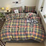 DONUES Plaid Duvet Cover Set 100% Washed Cotton Linen Like Super Soft Comfy 3 Piece Reversible Multicolor Grid Checkered Duvet Cover with 2 Pillowcases(Queen 90"x90", Comforter Not Included)