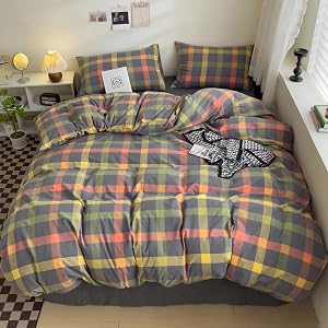 DONUES Plaid Duvet Cover Set 100% Washed Cotton Linen Like Super Soft Comfy 3 Piece Reversible Multicolor Grid Checkered Duvet Cover with 2 Pillowcases(Queen 90"x90", Comforter Not Included)
