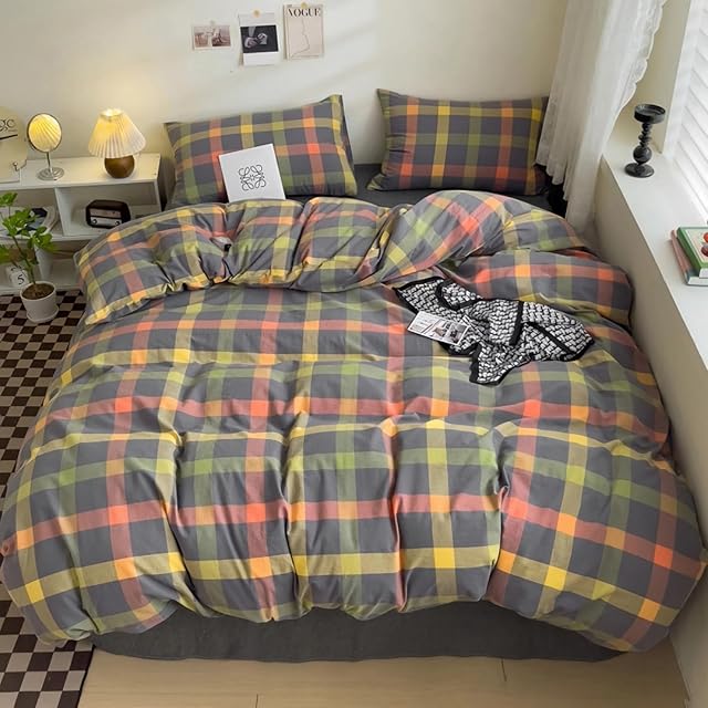 DONUES Plaid Duvet Cover Set 100% Washed Cotton Linen Like Super Soft Comfy 3 Piece Reversible Multicolor Grid Checkered Duvet Cover with 2 Pillowcases(Queen 90"x90", Comforter Not Included)