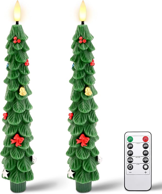 Christmas Tree Flameless Candles: 2Pcs LED Taper Christmas Candles Battery Operated - Green Flickering Taper Candlesticks Lights for Windowsills Fireplaces and Dining Tables (Green)