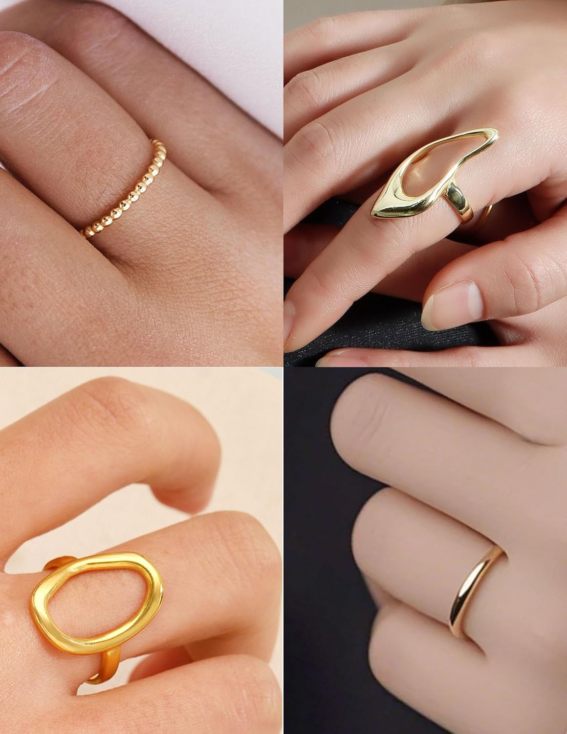Fxiqini 12Pcs Gold Stackable Rings 18K Gold Plated Chunky Knuckle Finger Ring Geometric Bead Cloud Wave Flower Hollow Statement Bands Signet Open Rings for Women Adjustable Size 4-9 - Image 3