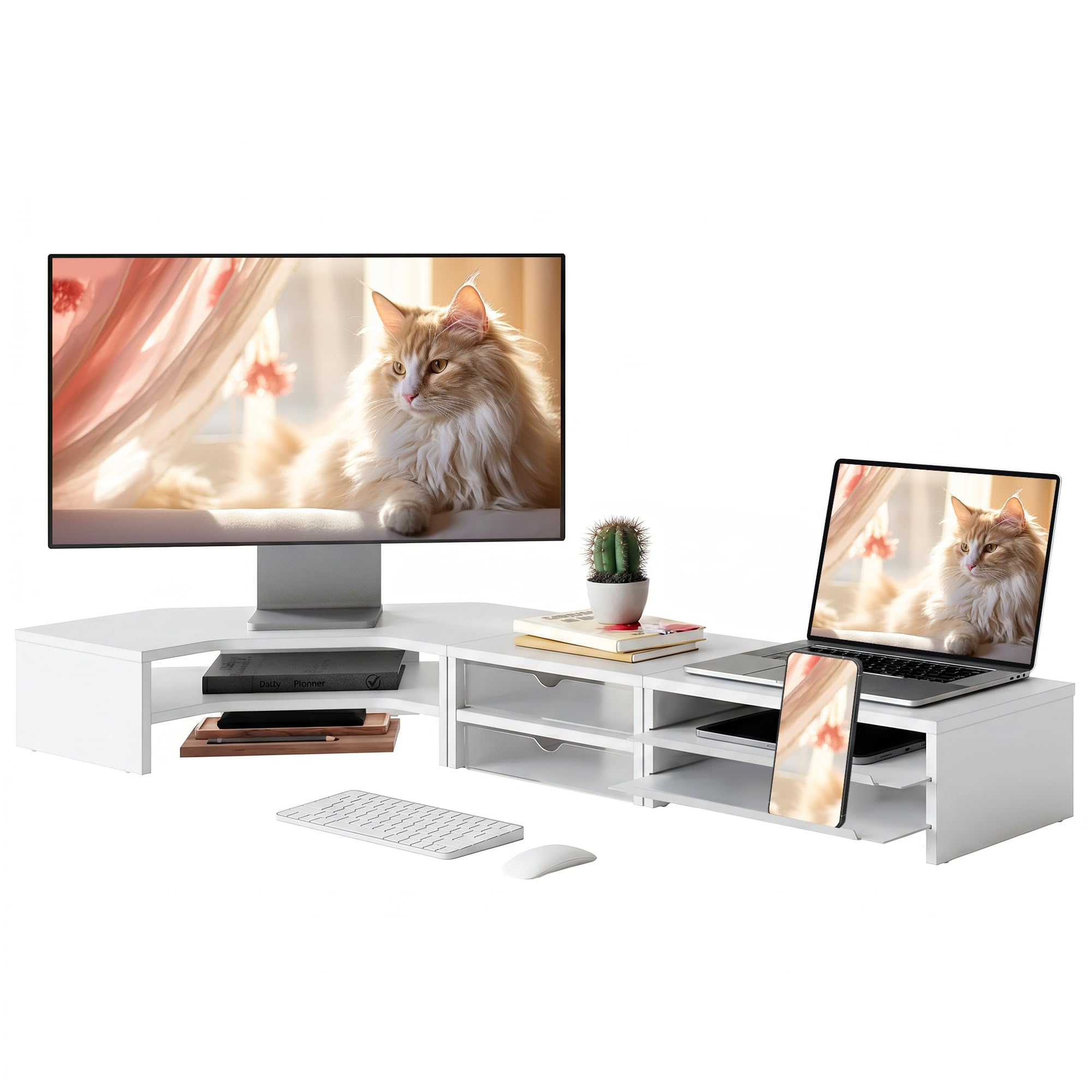 Fenge Soporte Monitor, 3 in 1 Modular, Pantalla Ordenador PC TV, Blanco | 2 Monitores, Hasta75kg, Soporte Móvil, 2 Tipos Cajones, Gestión Cables, Base Antideslizante, Portátil Escritorio Mesa Oficina