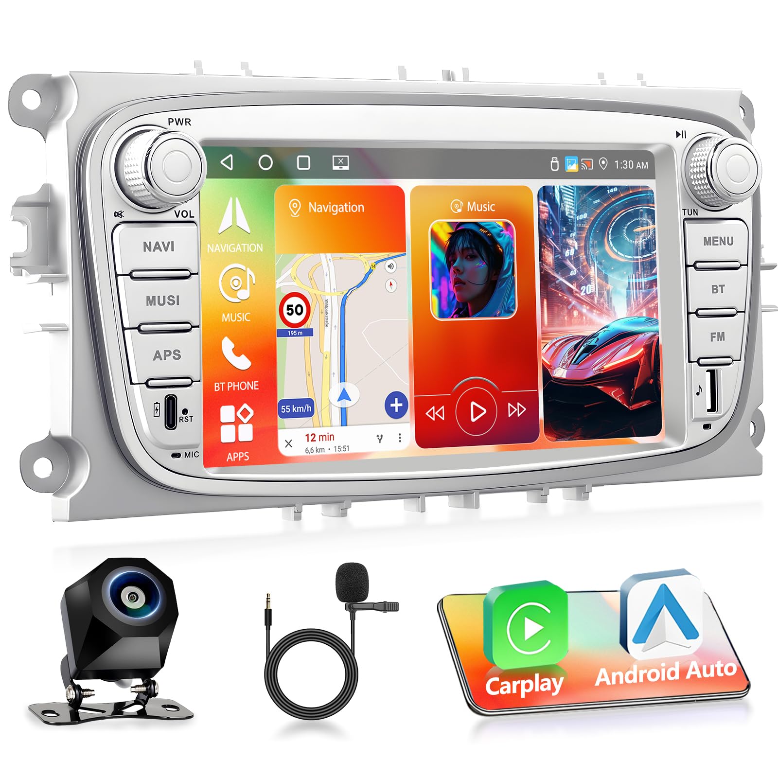 Autorradio Android de 7 pulgadas para salpicaderos Ford con funciones CarPlay y WiFi multimedia 8