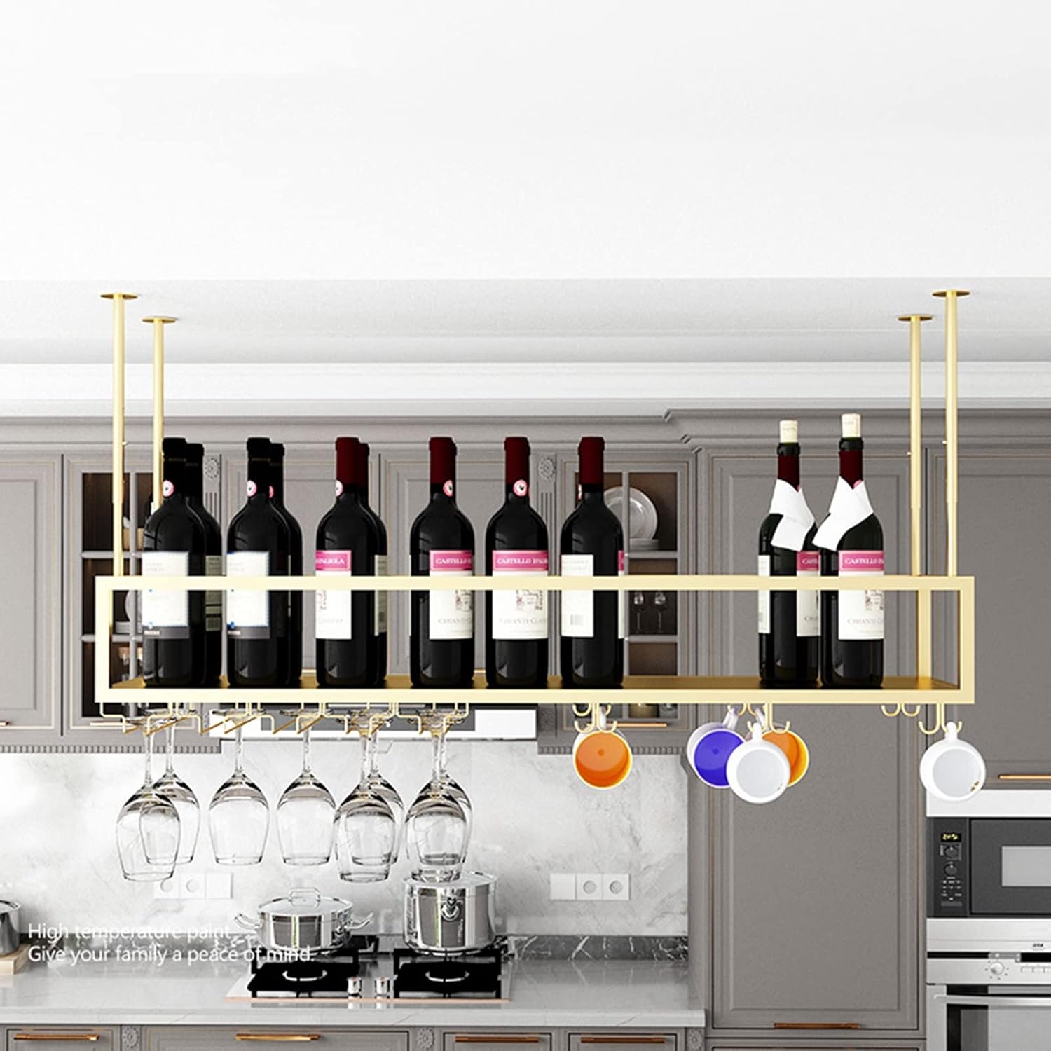 Gold Iron Wine Rack with Floating Shelves for Restaurant Kitchen Ceiling Hanging Metal Champagne Glass Goblet Stemware Racks Storage Shelf Wine Bottle Holder Bar Unit (Size: 60x25x