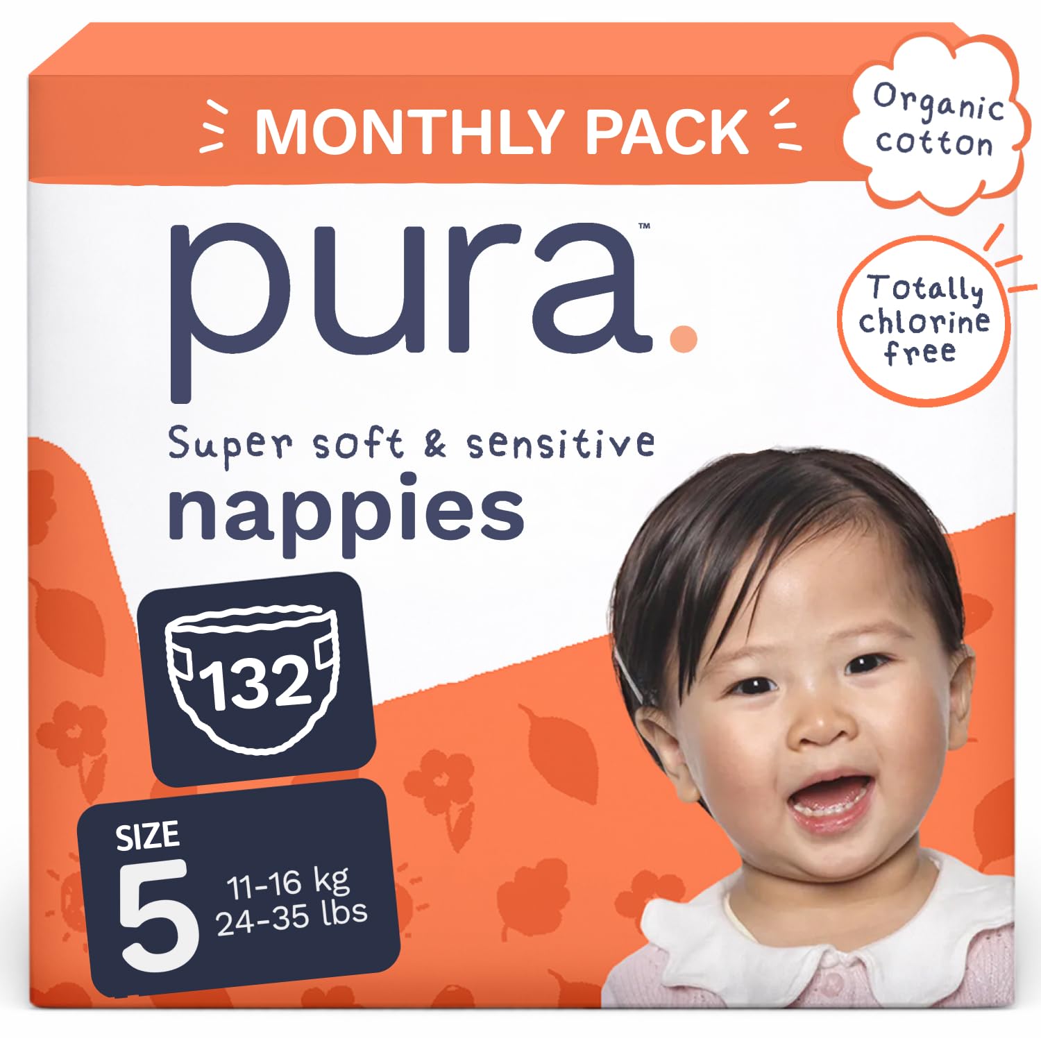 Pura Baby Nappies Size 5, 132 Count, 11-16kg/24-35lbs, Cloud Soft Premium Nappies for Hypoallergenic & Sensitive Skin, Toxin-Free*, Up to 12 Hours Leak Protection