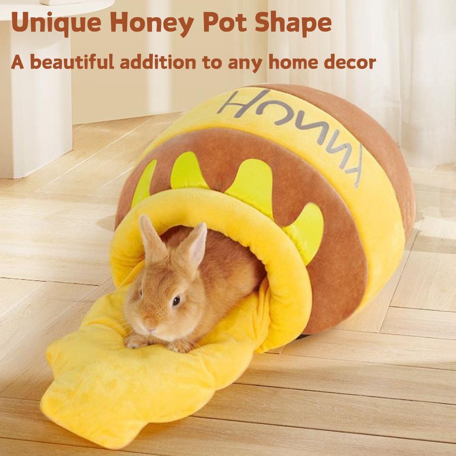 Rabbit Honeypot Bed House - Bunny Hideout Warm Fleece Cuddle Cup Snuggle Sack with Removable Cushion Guinea Pig Hideout Sleeping Cave for Rabbit Guinea Pig Ferret Chinchilla (Yellow)