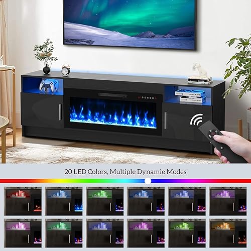 Miniatura 3 de BREEZEHEAT Soporte de TV con chimenea eléctrica, centro de entretenimiento LED, soporte de TV de 70 pulgadas con chimenea eléctrica de 36 pulgadas,