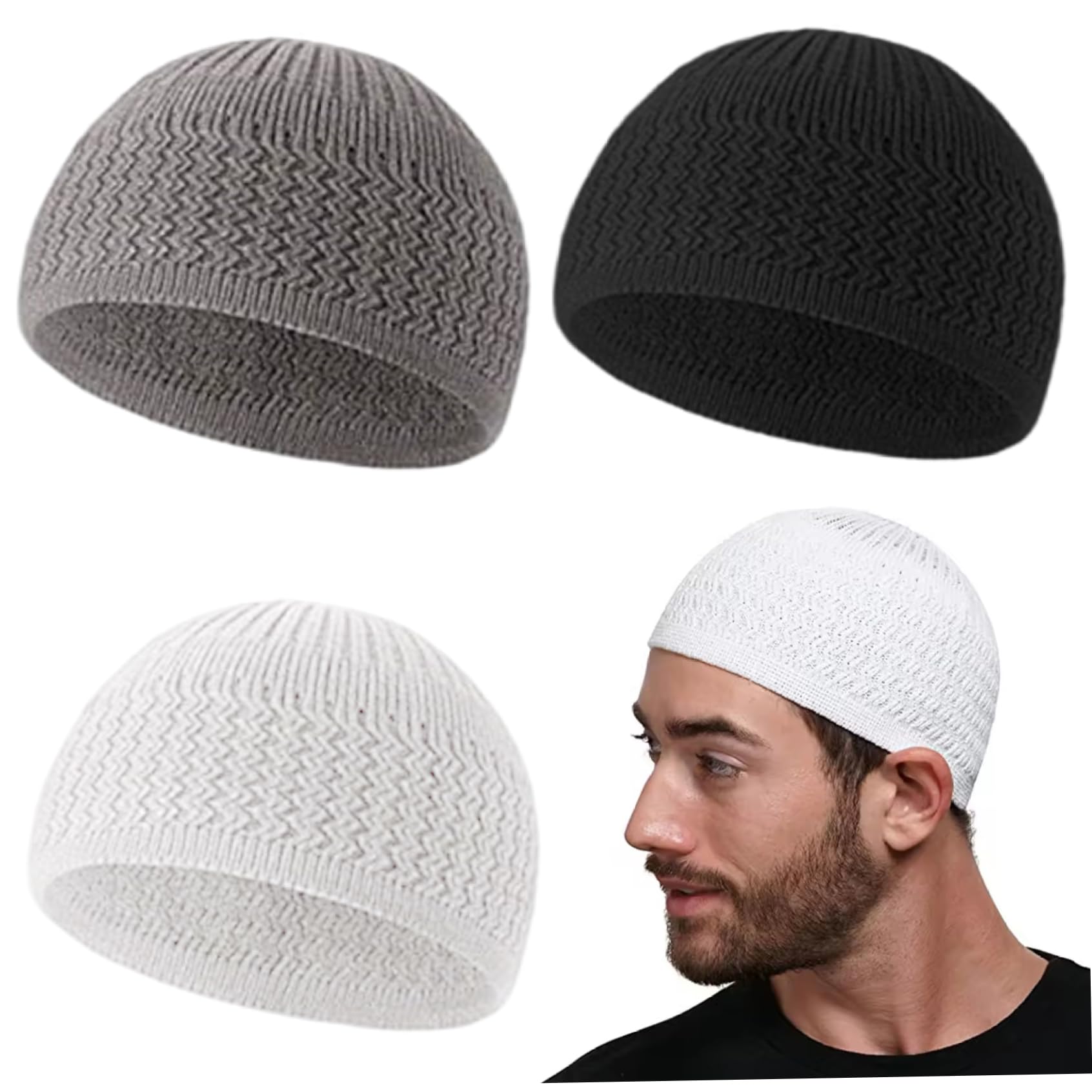 Hperu Muslim Hat, 3Pcs Embroidery Kufi Hats for Men, Comfortable Breathable Muslim Cap for Men Ramadan Eid - Kufi Hat Crochet Beanie