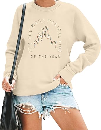 VILOVE Merry Christmas Sweatshirt Women Magical Christmas Shirt Christmas Lights Pullover Xmas Long Sleeve Tshirt