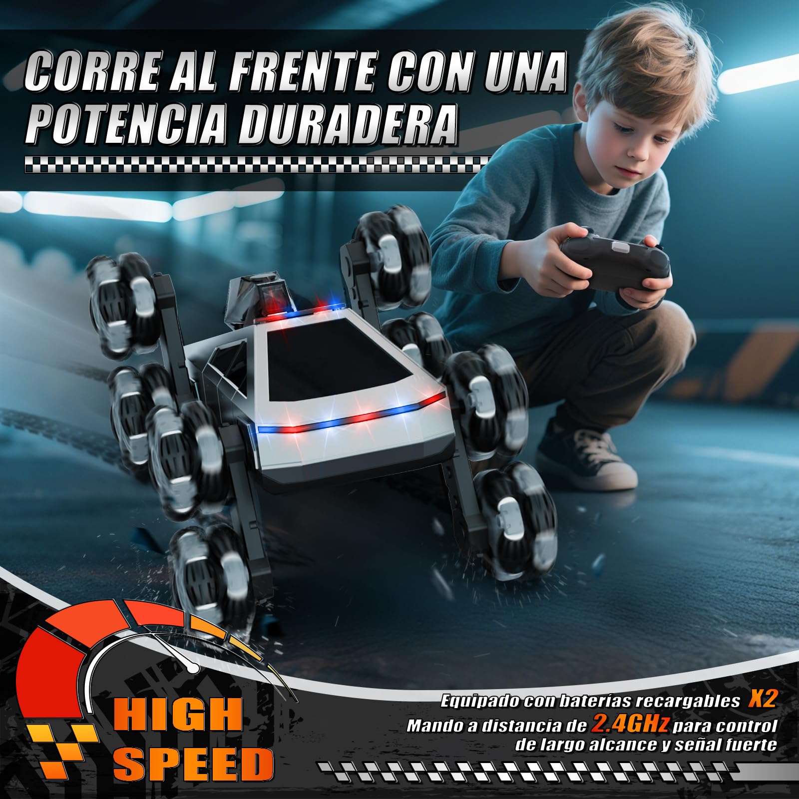 Coche Teledirigido RC Acrobático 8 Ruedas, Vehículo Todoterreno con Mando a Distancia & Control Manual, Luces LED, Música, Spray, Juguete para Niños 5-11 Años, Regalo Cumpleaños, Navidad y Reyes Magos
