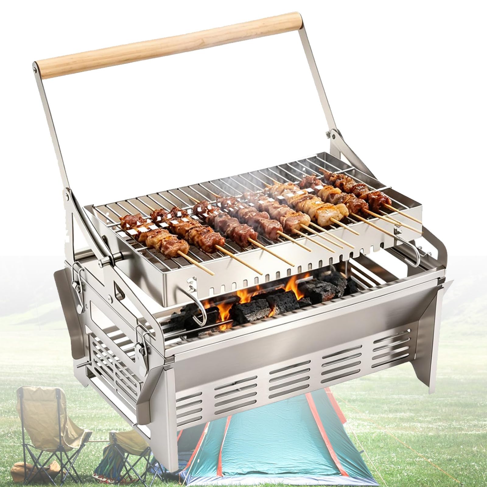 Wielofunkcyjny Przenośny Grill Węglowy Z Regulowaną Tacą | Stal Nierdzewna 304, Do Biwakowania, Na Patio I Do Zimowego Ogrzewania Na Zewnątrz. Komfort Przy Ognisku