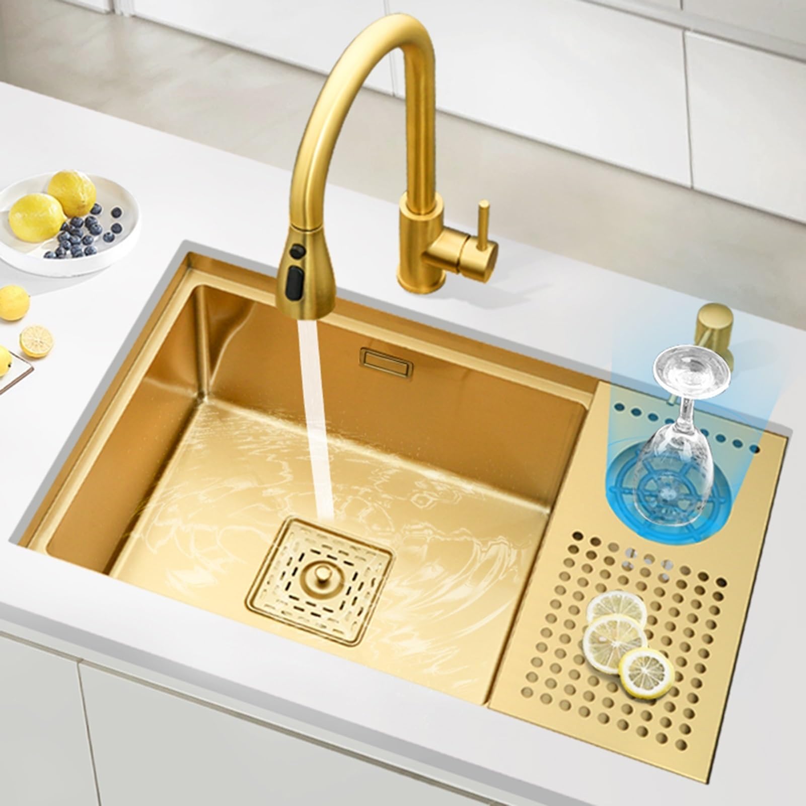 ZQFHSX Kitchen Sinks Golden 304 Stainless Steel Washbasin Square Hidden Bar (Color : Gold A, Size 56 * 38CM)