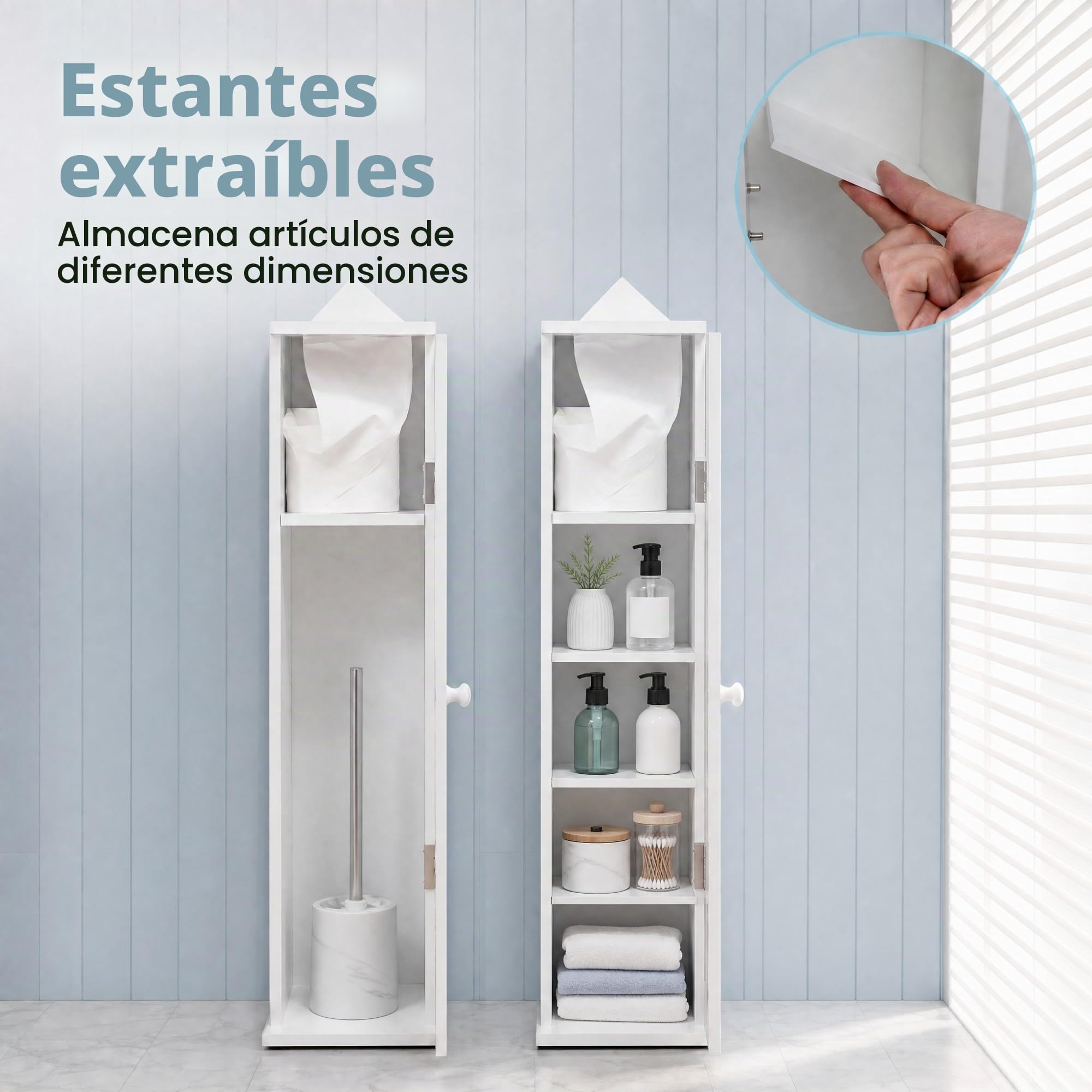 LIFEZEAL Armario para Papel Higiénico de Baño, Independiente con 5 Compartimentos y 3 Estantes Desmontables, de Suelo con Una Puerta, Blanco