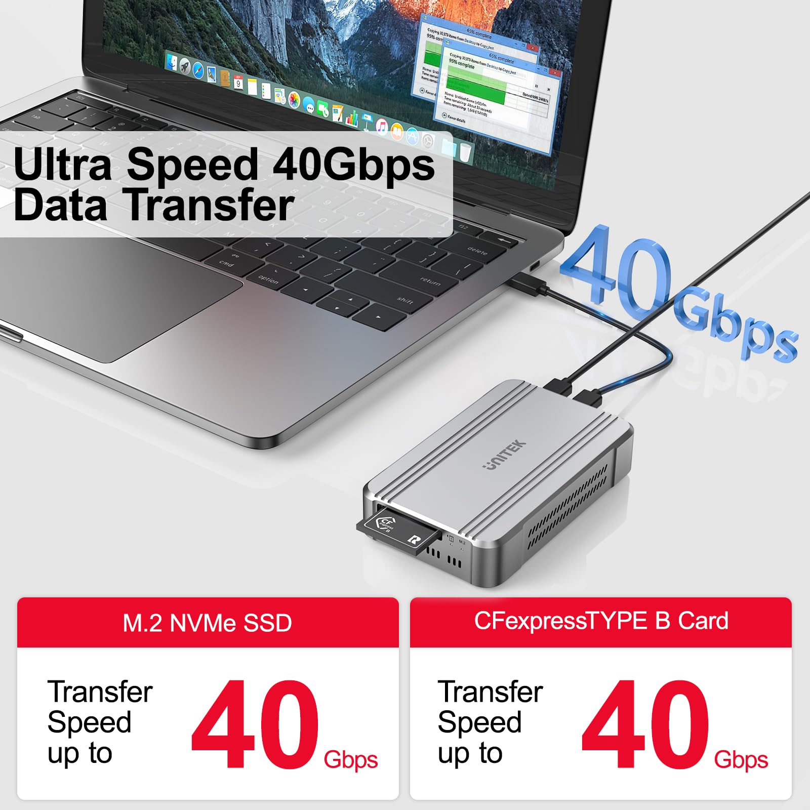 Unitek 40Gbps CFexpress 4.0 Tipo B Card Reader/M.2 PCIe/NVMe SSD Adapter | Lettore CF Express USB4.0 per CFexpress tipo B, PCIe4* 2, trasferimento rapido per registi e fotografi professionisti