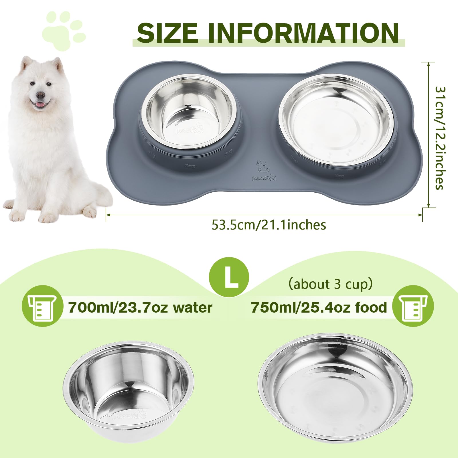 Pecute Ciotola per Gatti 3 in 1, Ciotola per Cani, Doppia Ciotole in Acciaio Inossidabile + 1 Tappetino Sottociotola, Antiribaltamento, Antitrabocco e Antiscivolo, L, Grigio