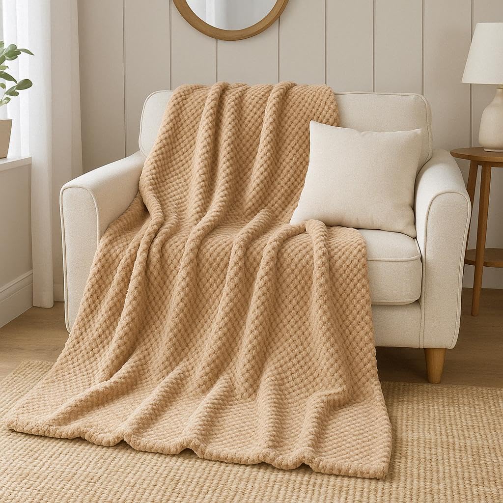 Luxury Popcorn Waffle Fleece Throw Blanket – Soft Warm Fluffy Bed & Sofa Blanket for Home, Couch & Settee | Thermal Cozy Reversible Design – Machine Washable (Mink, Double (150cm x 200cm))