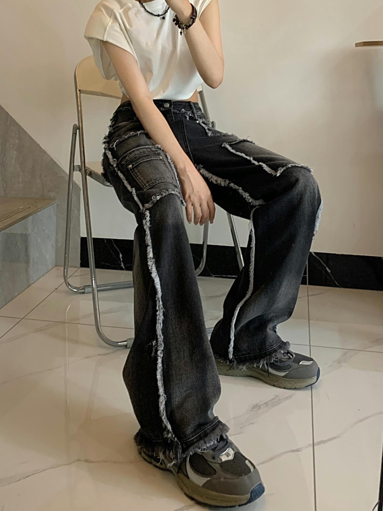 Pantaloni Cargo retrò per Donna Autunno Nuovi Pantaloni Jeans Casual a Vita Alta per Donna Moda Coreana Pantaloni Neri Jeans Donna-Nero Grigio-M