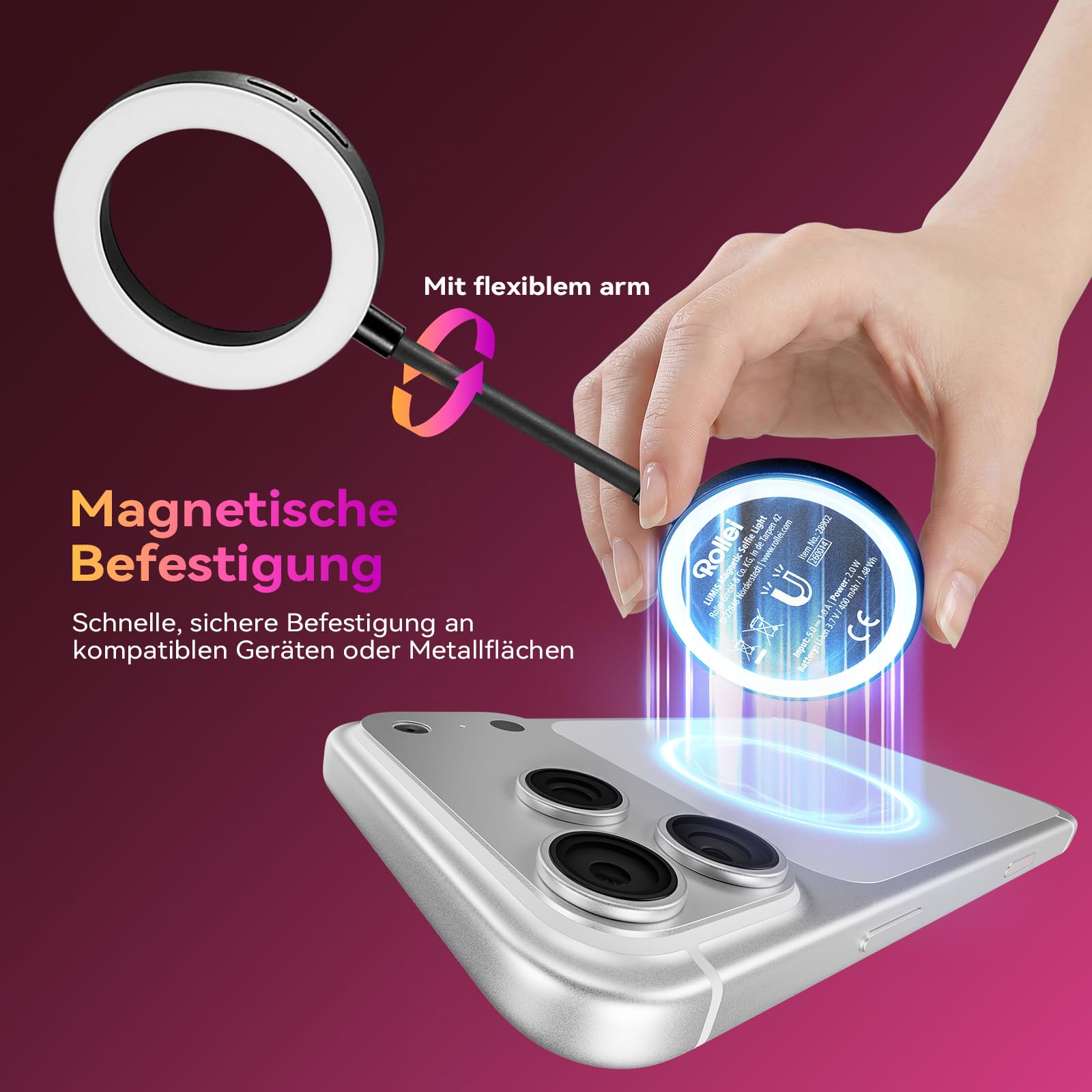 Ringlicht Handy, Rollei Magnetische Selfie Light Kompatibel mit iPhone Android Smartphone Tablet Laptop, Klein Flexible Licht für Streaming TikTok Webcam Zoom Vlog, Selfie-Licht-Handy-Led-Ringlicht