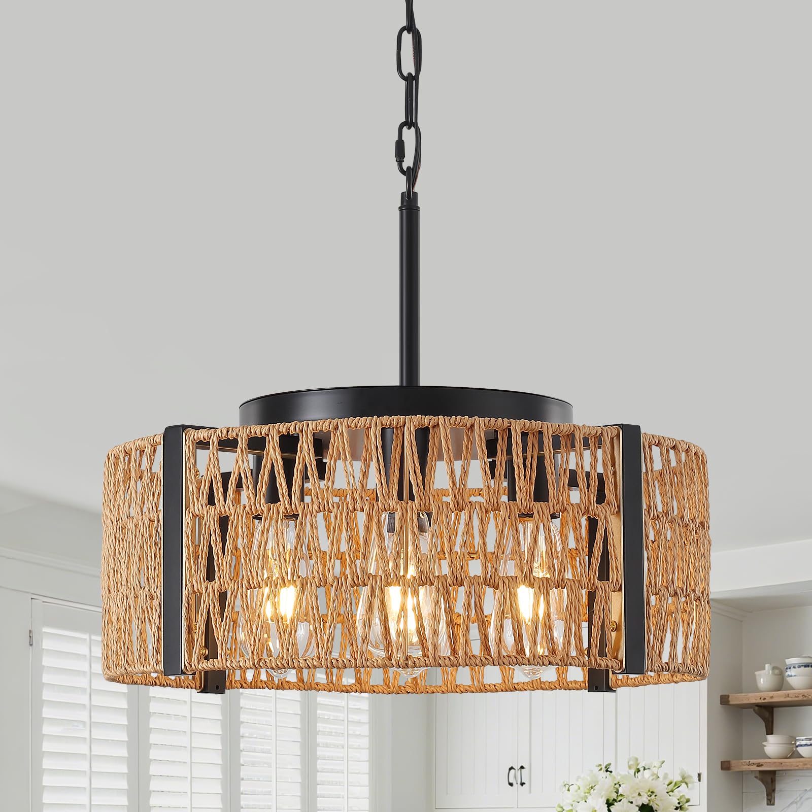 Photo 1 of AFLCBYH Rattan Chandelier, 4-Light 17.7" Boho Farmhouse Pendant Light