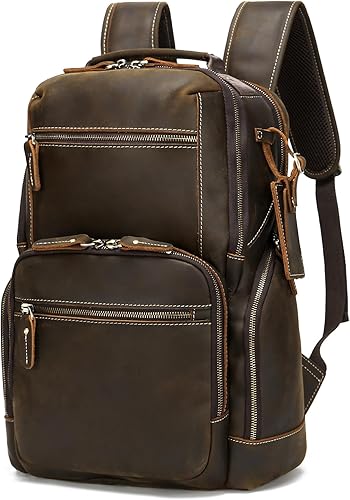 LANNSYNE Mochila para portátil de cuero de grano completo vintage de 16 pulgadas para hombre, mochila de viaje para acampar, Brown1 para portátil de