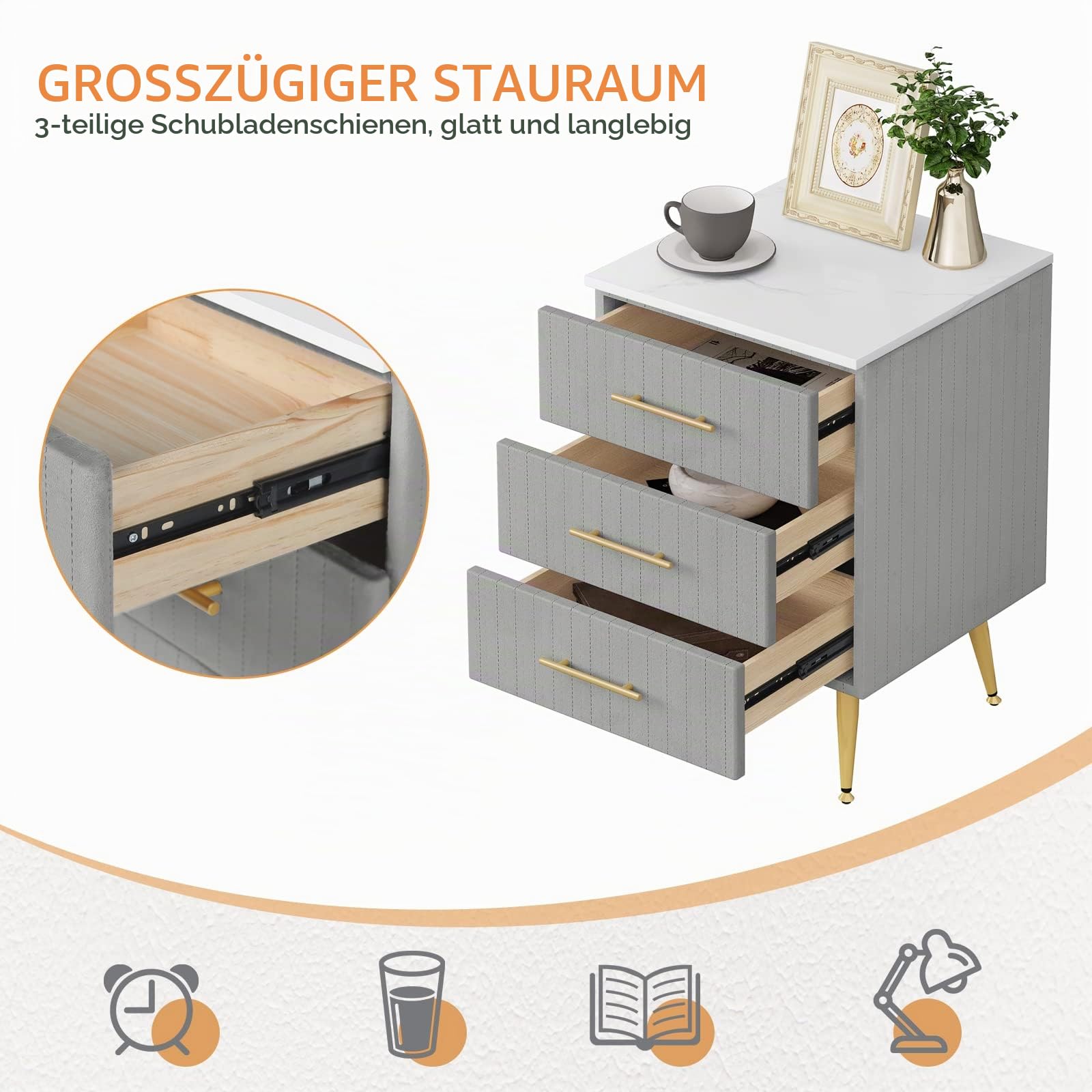 WOLTU Nachttisch Nachtschrank für Boxspringbett, 3 Schubladen aus Massivholz, Kommode mit Schubladen Sideboard, einfache Montage, Höhe Tragfähigkeit, 40,5x41x60cm, Grau TS135gr