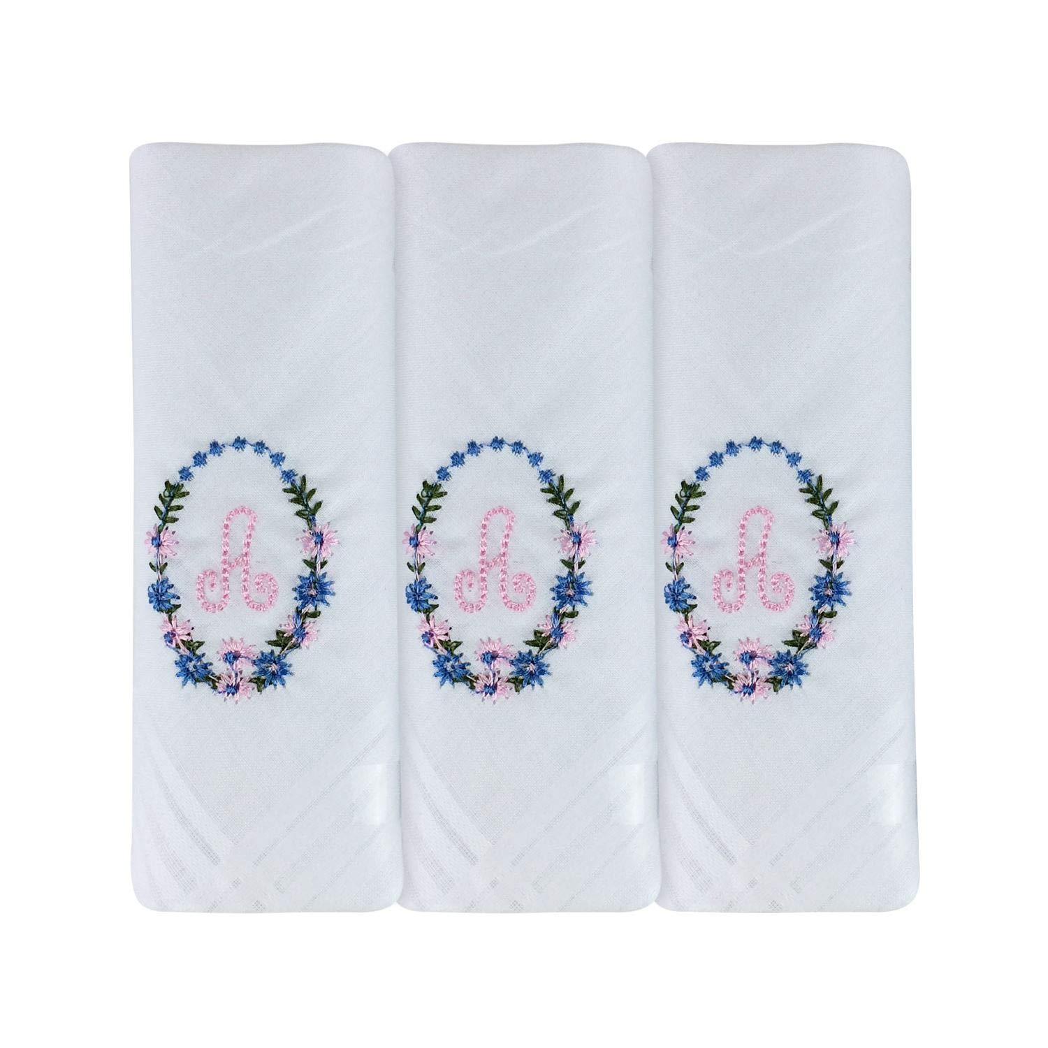 Surf the Shop 3 Pack Of Womens/Ladies Embroidered Initial Handkerchiefs With White Satin Border Various Initials (A)