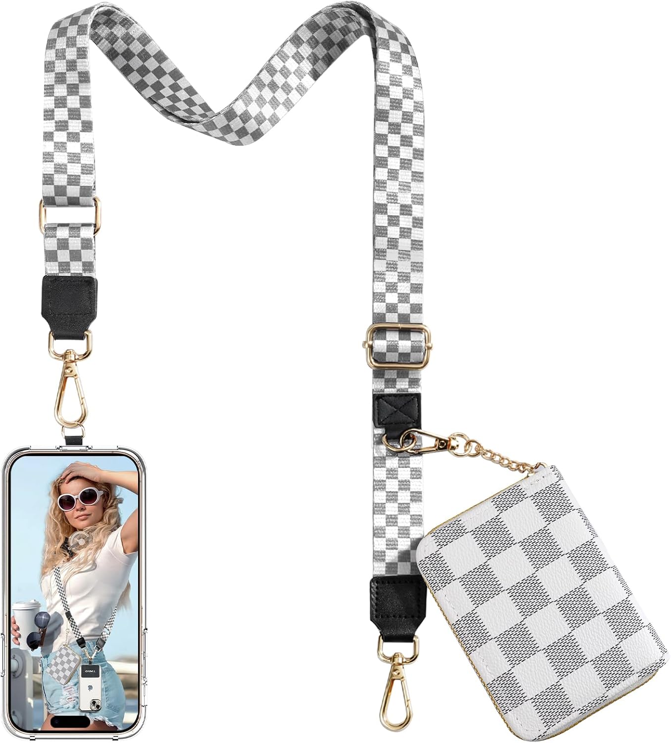 TiMOVO Crossbody Phone Lanyard with Zipper Wallet Pouch, White & Gray