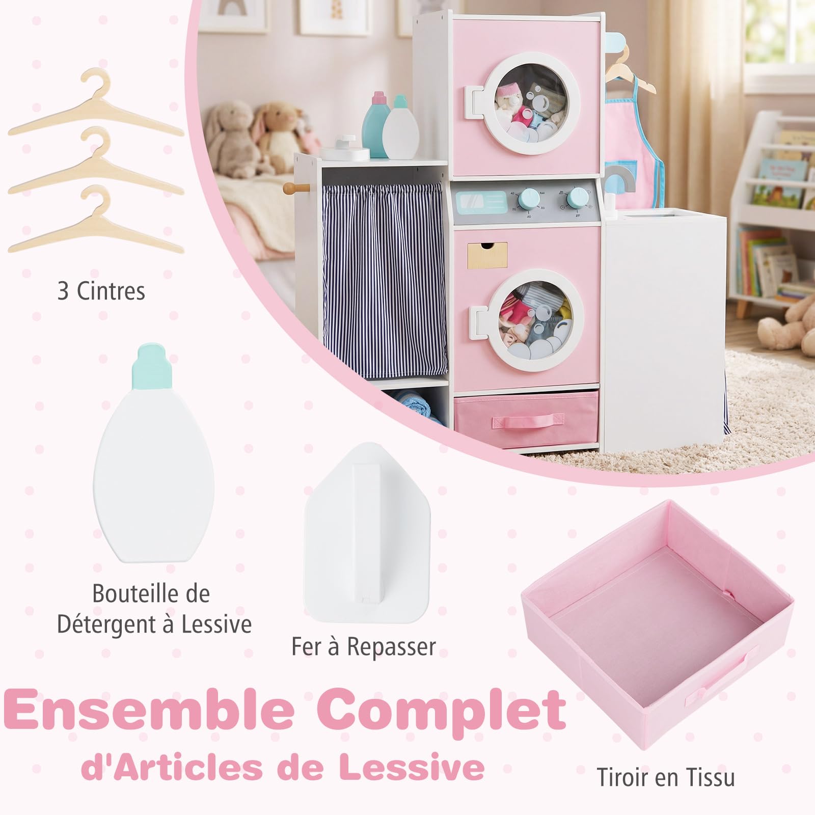 COSTWAY Machine à Laver Enfant avec Fer à Repasser et Lavabo, Buanderie Enfant en Bois avec Tiroir en Tissu Pliable et 3 Cintres, Détergent à Lessive, Jeu de Lave-Linge pour 3 Ans+