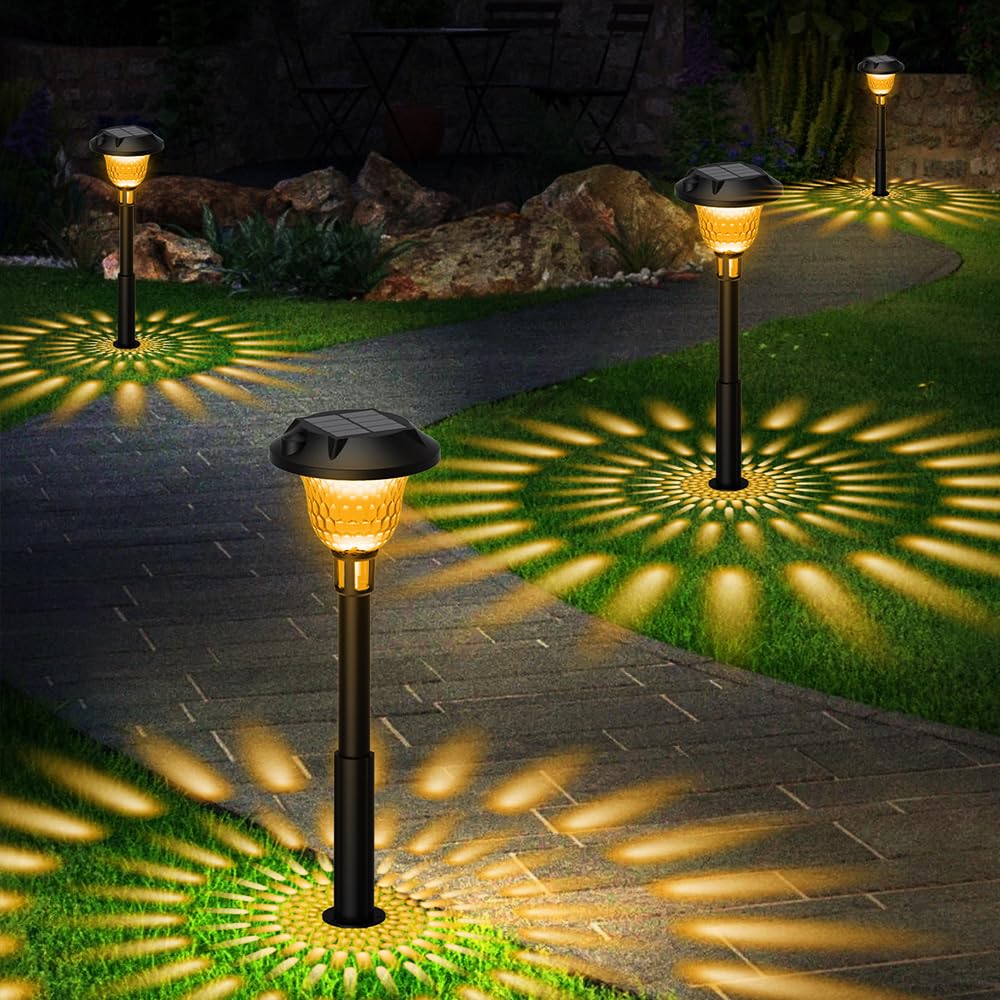 Ainostone Solarlampen für Außen Garten 4 Stück Solarleuchten mit 2 Farbemodi Warmweiß + RGB Muster IP65 Wasserdicht Auto Ein/Aus LED Gartenleuchten für Neujahr Balkon Terrasse Weg Gehweg Rasen Deko