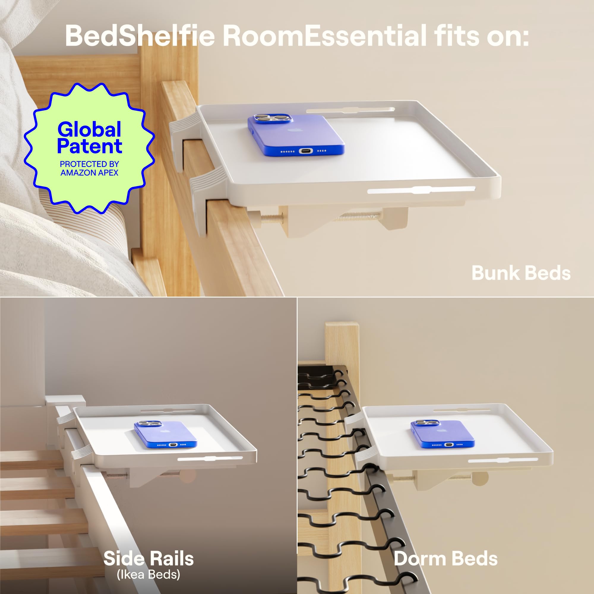 BedShelfie Nachtkastplank voor stapelbed en bovenste stapelbed, benodigdheden voor studentenslaapzaal, loftbedaccessoires, clip-on nachtkastje snackorganizer, zwevend bed bijzettafellade opslag