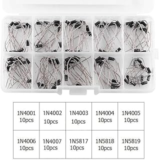 100PCS Diodes Assortment Kit,10 Values Rectifier Diode 1N4001~1N4007, 1N5817~1N5819, Germanium Transistors Assortment with Plastic BoxForward Voltage Drop, Low Power Loss, High Efficiency