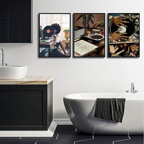 Miniatura 6 de Lienzo enmarcado de niña negra, 3 unidades, diseño de niña negra, música, decoración de pared, cuadros de niña negra, pósteres para decoración