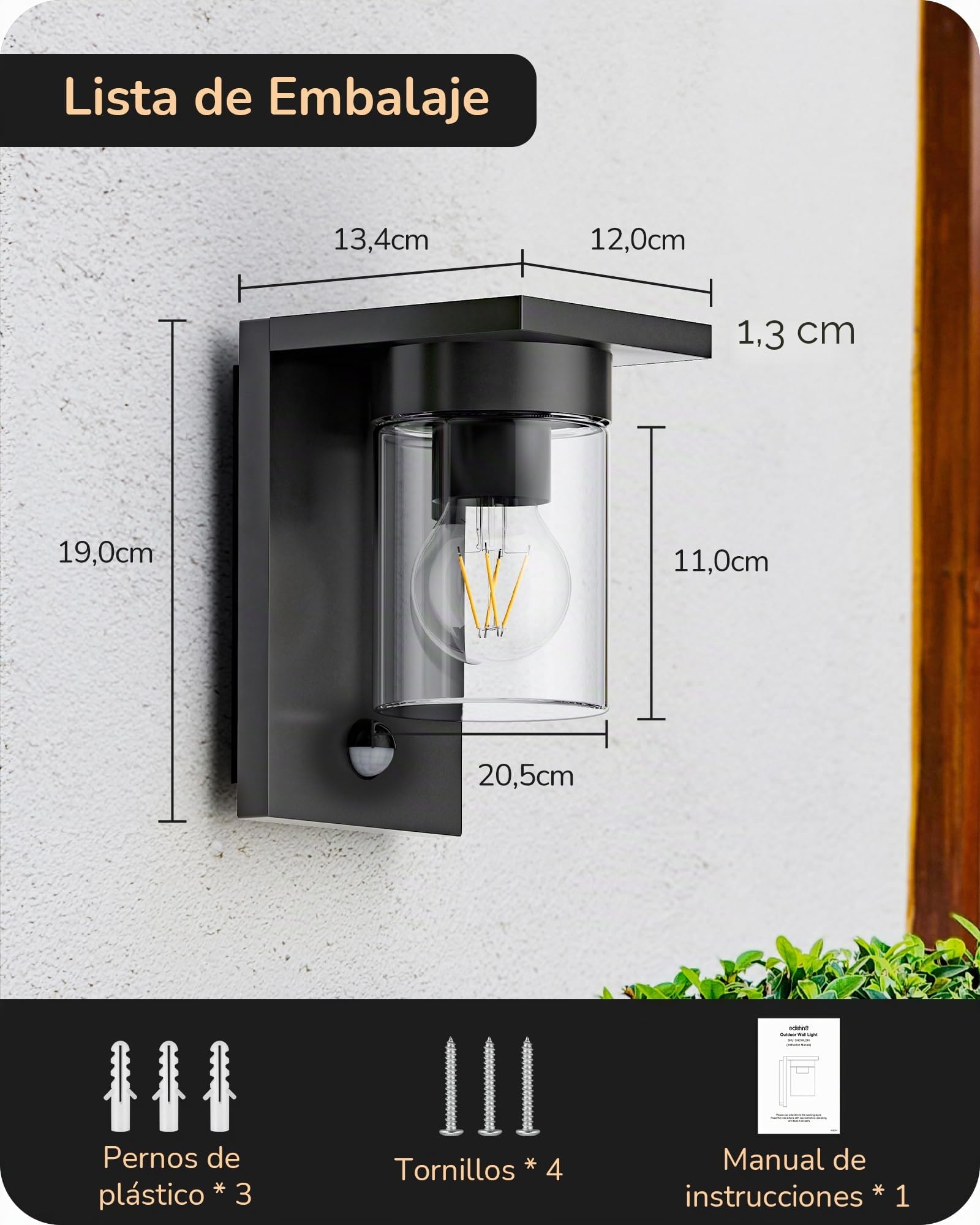 EDISHINE Aplique Exterior, Sensor Movimiento, Cristal Transparente, Negro | Casquillo E27, Impermeable IP44, Carcasa de Aluminio, Sin Bombilla, ideal para Puerta de Entrada y Fachada