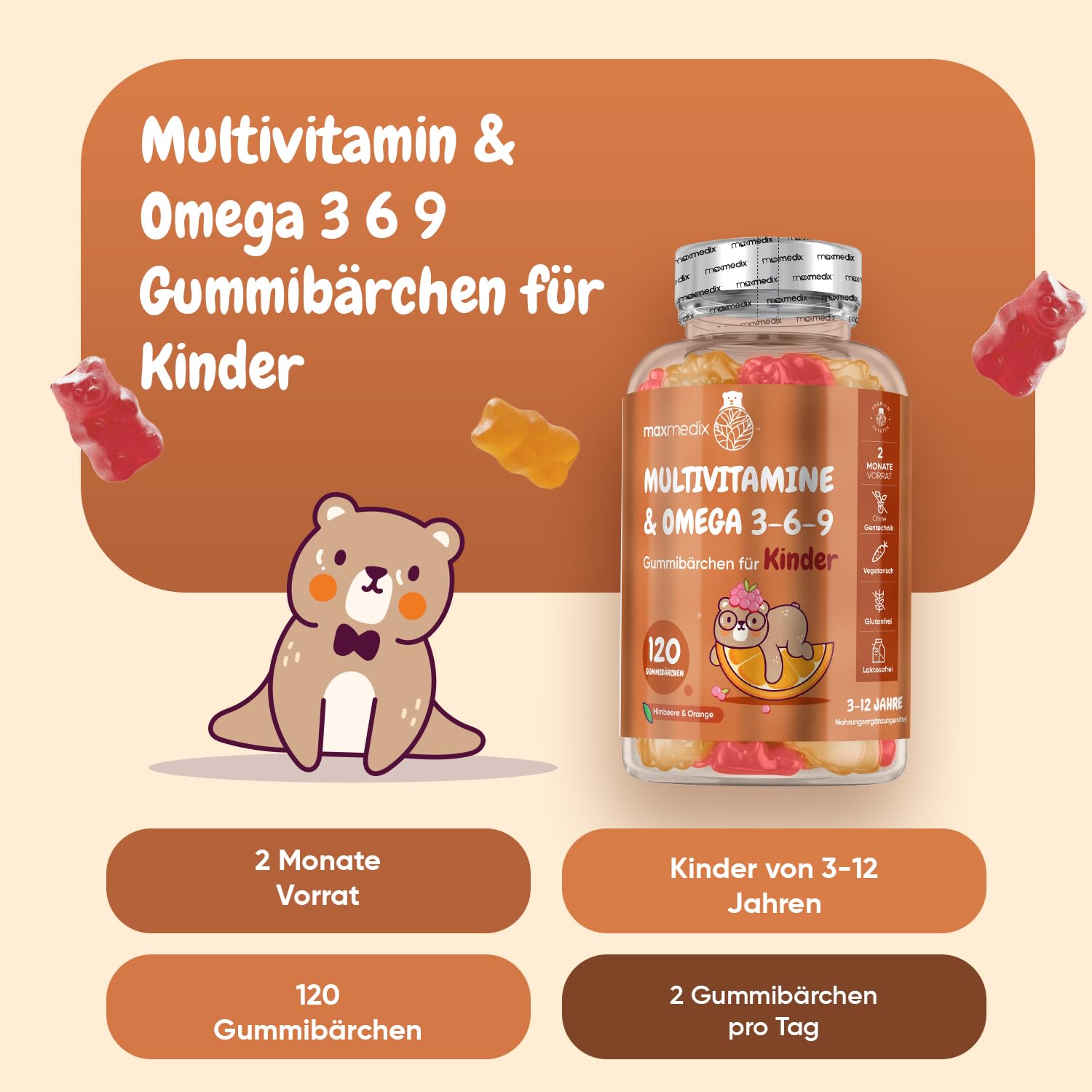 Multivitamin Gummibärchen für Kinder - Mit Omega 3 6 9, Vitamin C - 120 Multivitamin Kinder Gummies - Vitamin D3, B7, B12, E, B1, B2, B3, B5, B9 Jod, Zink - Mit Himbeer & Orangengeschmack - maxmedix