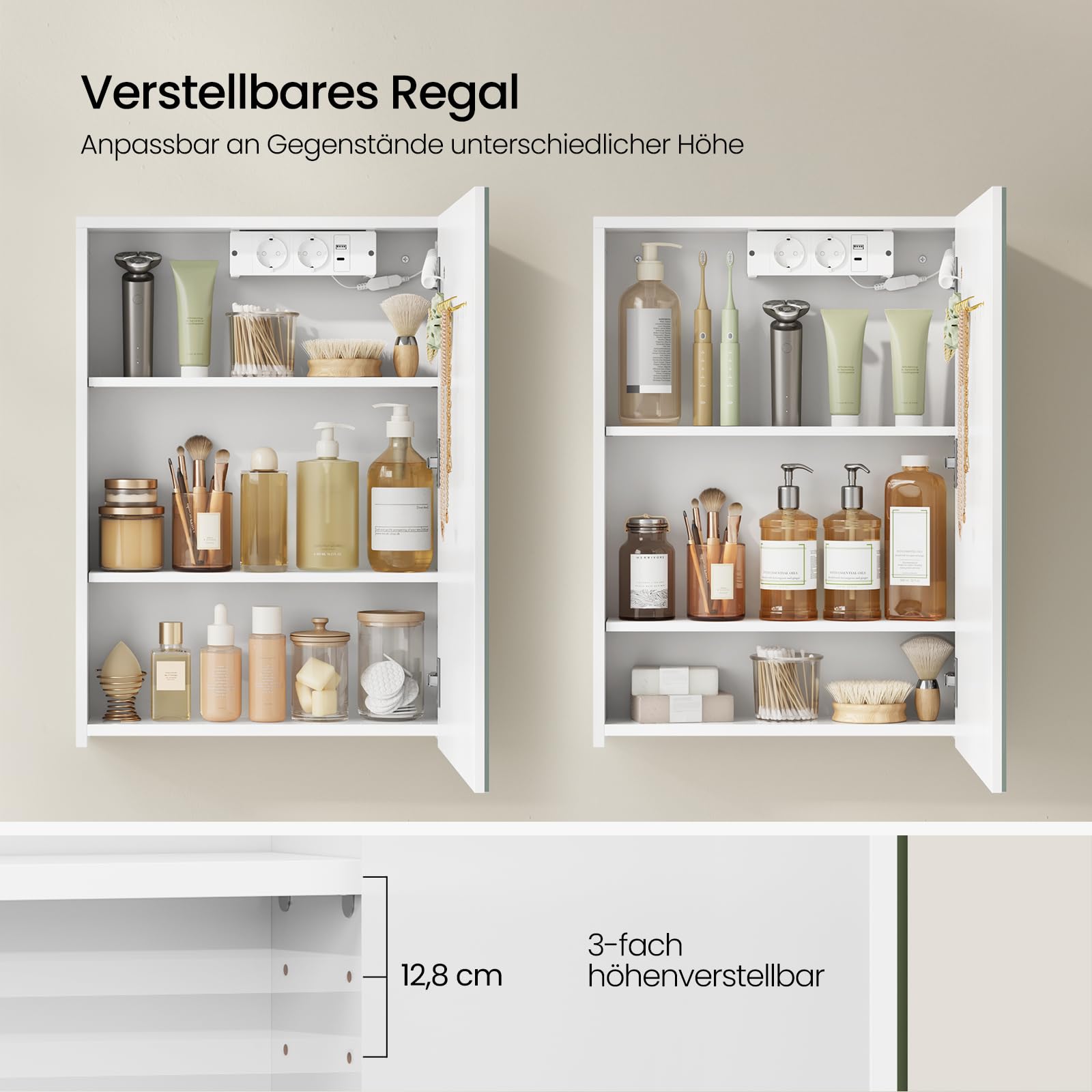 EUGAD Spiegelschrank für kleine Wohnungen Badzimmer, mit 1 Spiegeltür, 3 einstellbare Farbtemperaturen, mit verstellbaren Einlegeböden und Steckdosen, Weiß, 50 x 70 x 14,5 cm